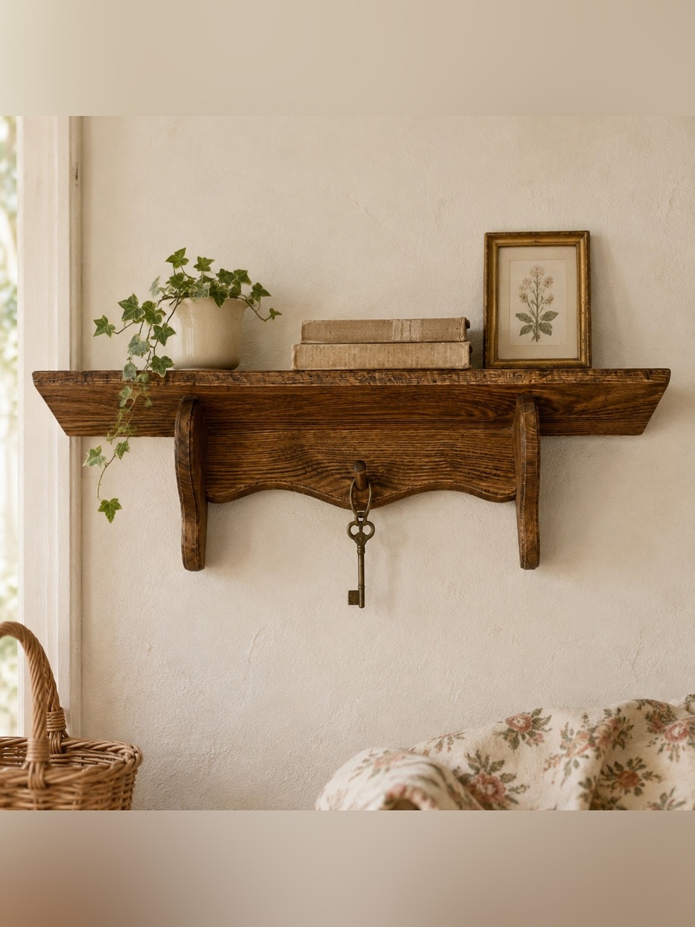 Vintage Wood Wall Shelf Oak Tone Peg Rack Scalloped Farmhouse Cottage Décor